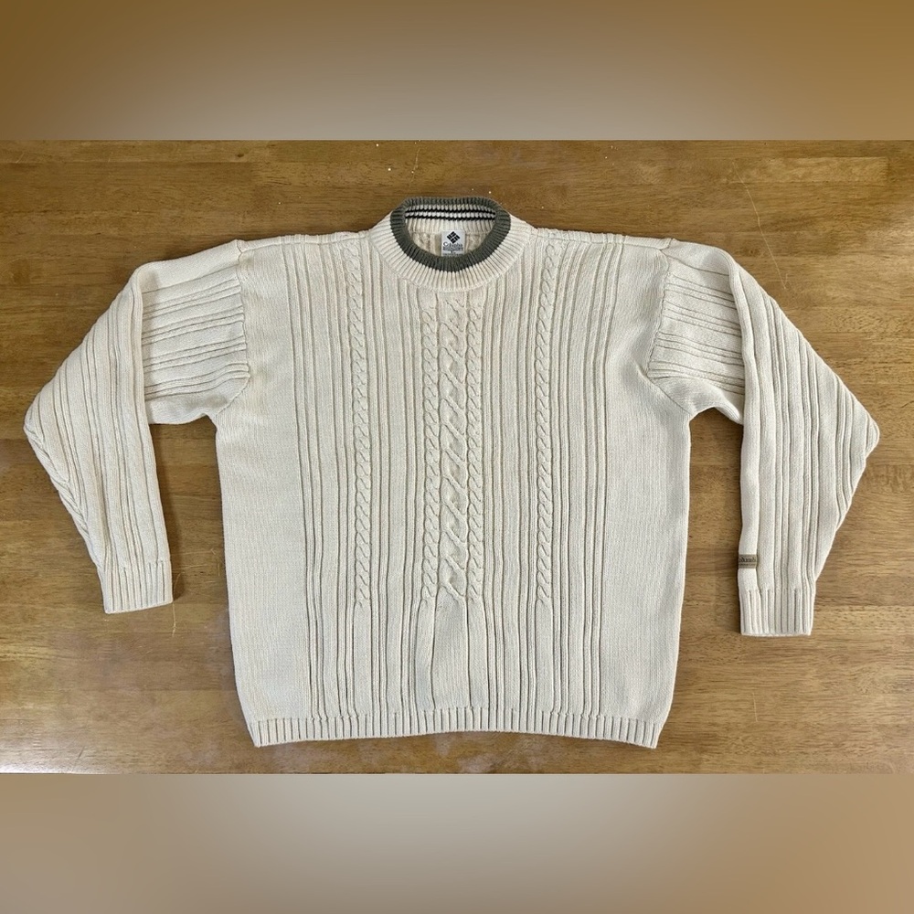 Columbia Men's Cream / White Cable Knit Crewneck Cotton Sweater Sz  XL